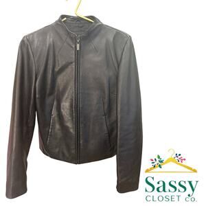 Siena Studio Leather Jacket Charcoal Crew Neck Full Zip Size S RN#75247 GUC